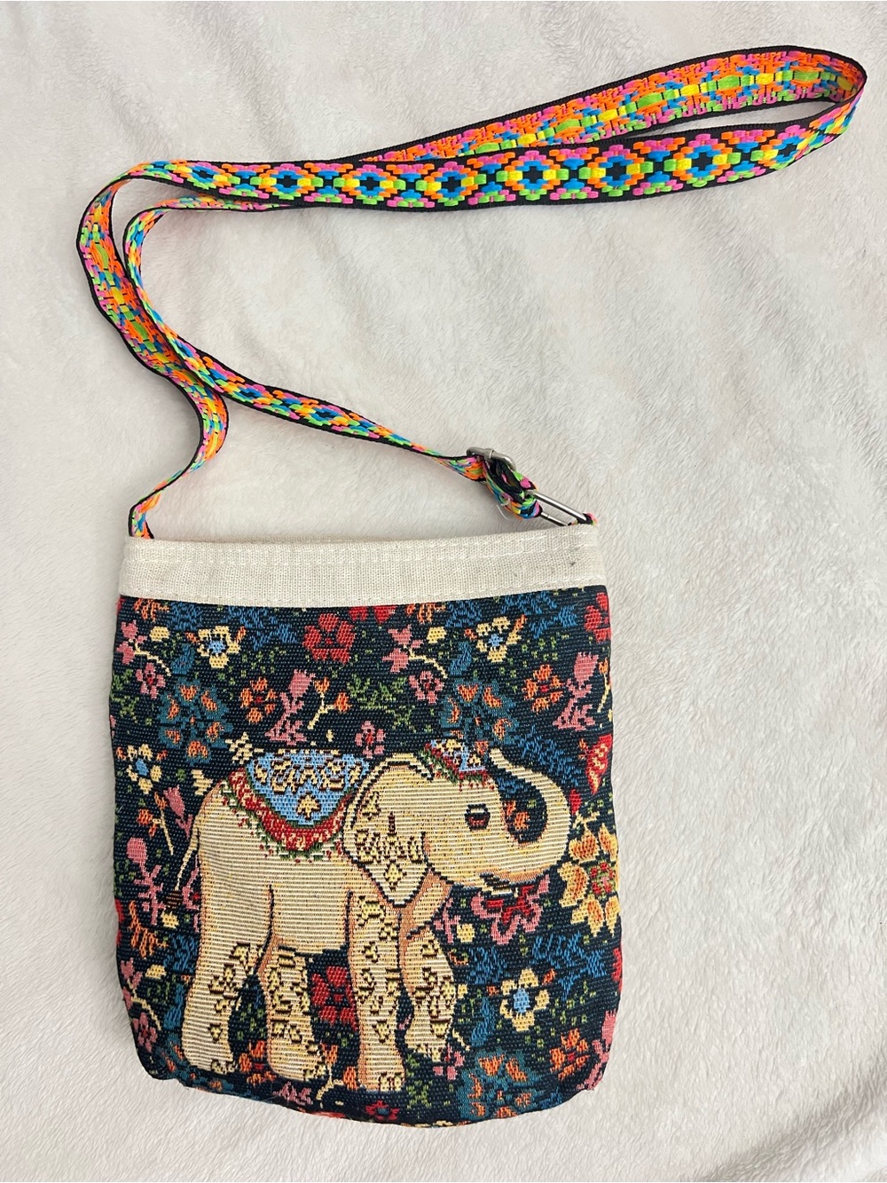 Tapestry Elephant Crossbody Bag with Colorful Strap (read description)